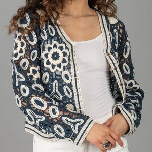 Boho Open-Knit Crochet Floral Cardigan Cottagecore Festival Blue White Size S/M